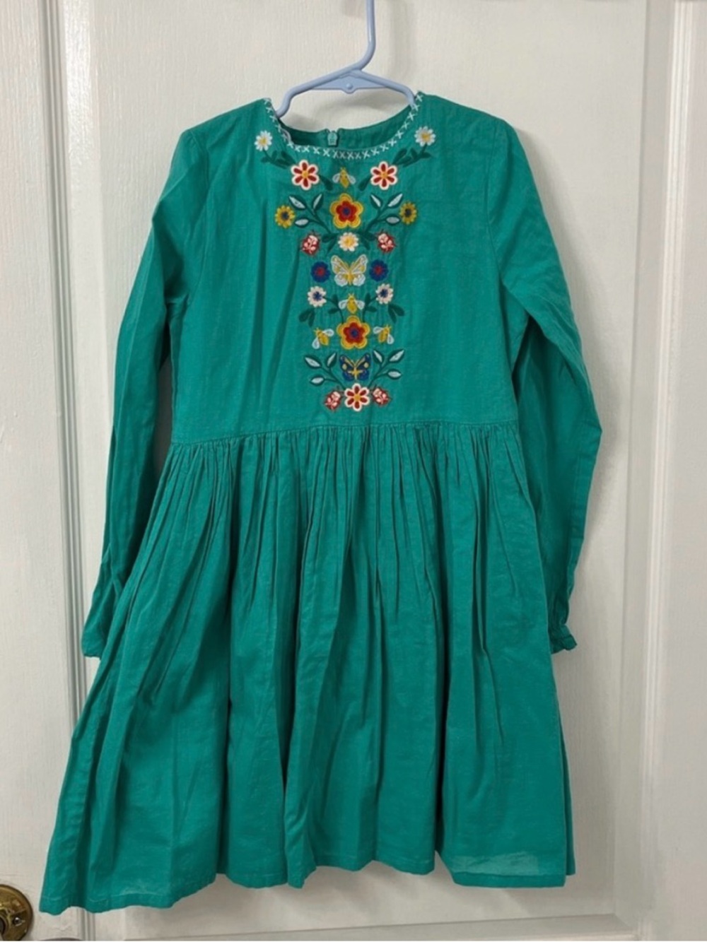 Mini Boden Girls' Teal Floral Butterfly Embroidered Long-Sleeve Dress Size 8-9Y